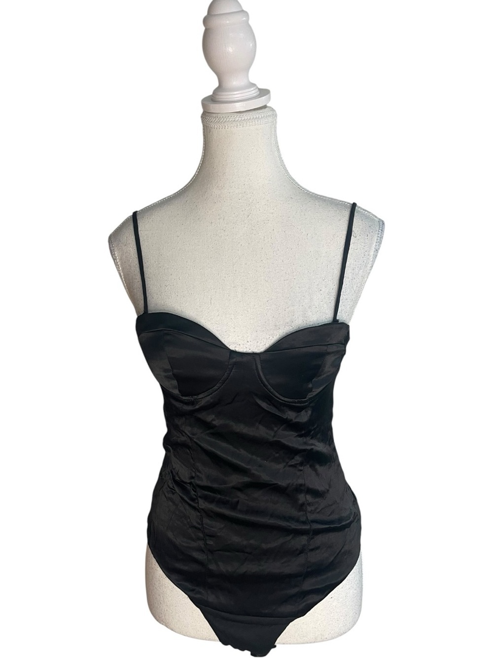 Zara Satin Effect Bustier Bodysuit with Spaghetti Straps Black